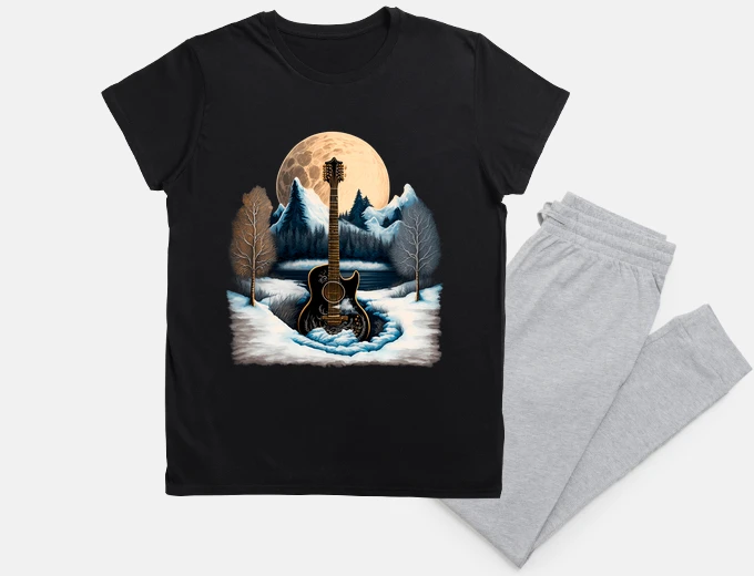 Pyjama acoustic guitar music flamenco night full moon in the snowy mountain
