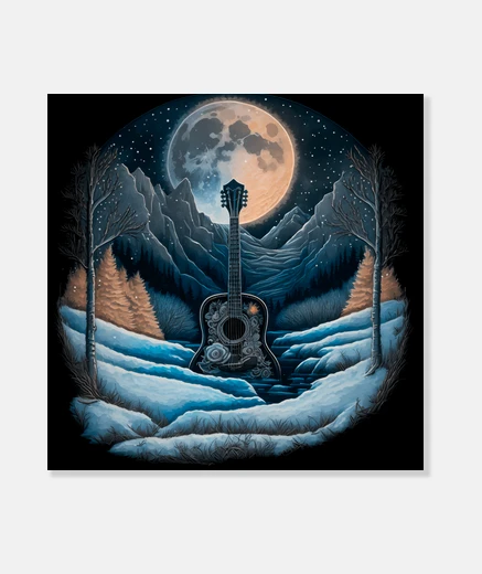 Wall acoustic guitar music flamenco night full moon in the snowy mountain