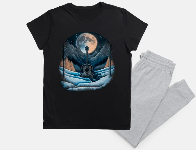 Pyjama acoustic guitar music flamenco night full moon in the snowy mountain
