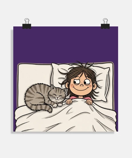 Poster ado et son chat dans son lit fille kid poster bureau chambre enfant salon stand boutique atelier mag