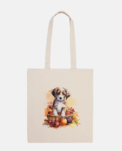 Bolsa adorable cachorro en una canasta, manzanas, bolso de mujer,