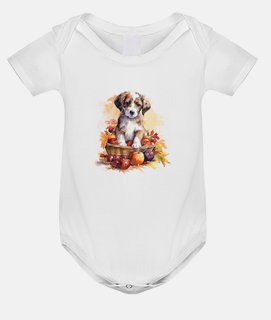 adorable puppy in a basket, apples, bodysuit, baby,
