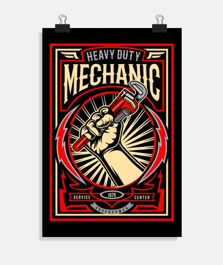 Poster affiche mécaniciens motos voitures automobiles atelier service réparations vintage 1976 mécanicien