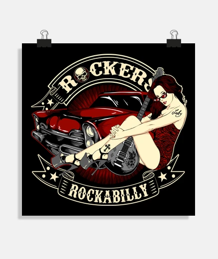 Poster affiche rock rockabilly musique pin up girl guitare rockers rock n roll américain voiture classique