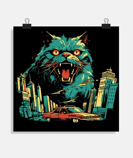 Poster aggressive cat catzilla vintage humor poster poster