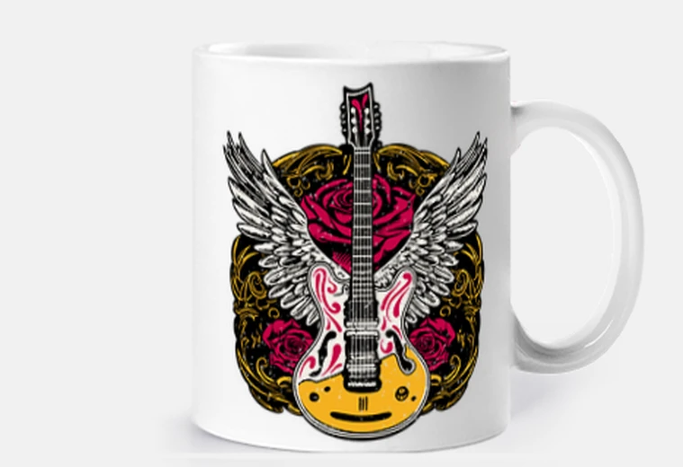 Taza alas de guitarra de hard rock y rosas rojas taza de café y té personalizable