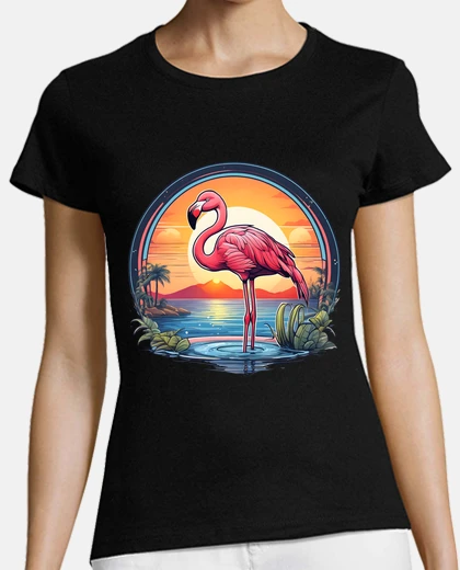 T-shirt alba al tramonto sul lago fenicottero