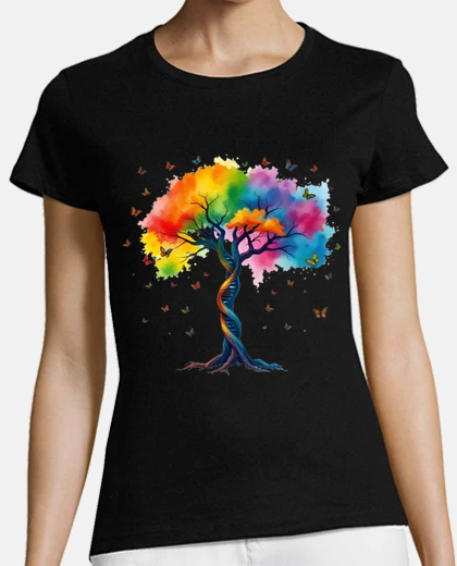 T-shirt albero della vita farfalle dna arcobaleno vibrante scollo a v