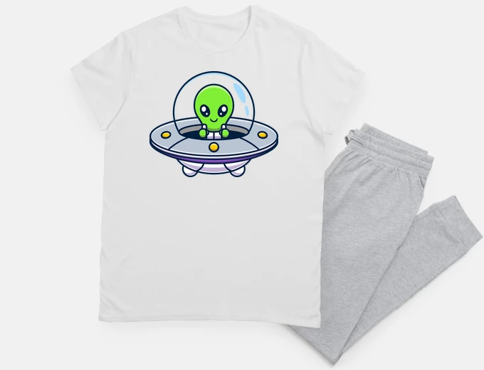 Pyjama alien in his flying saucer