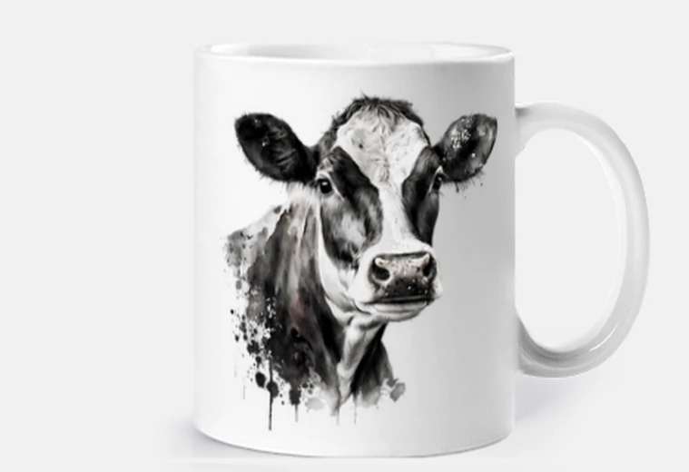 Tazza allevamento di mucche della normandia, formaggi agricoli, tazza di caffè, negozio di formaggi