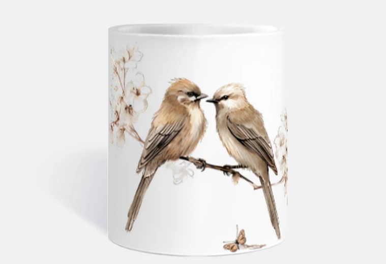 Mug alouette des champs amoureux oiseaux tasse café croissants 