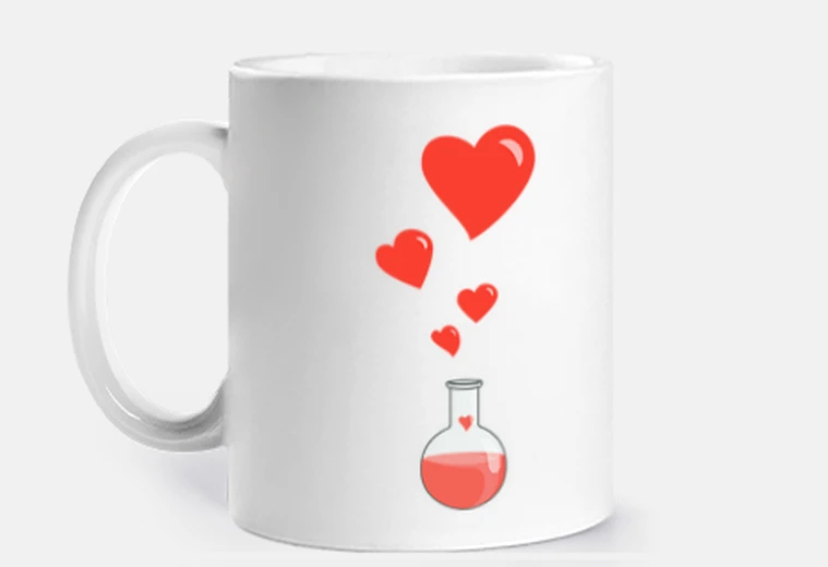 Tazza amore boccetta chimica di cuori geek