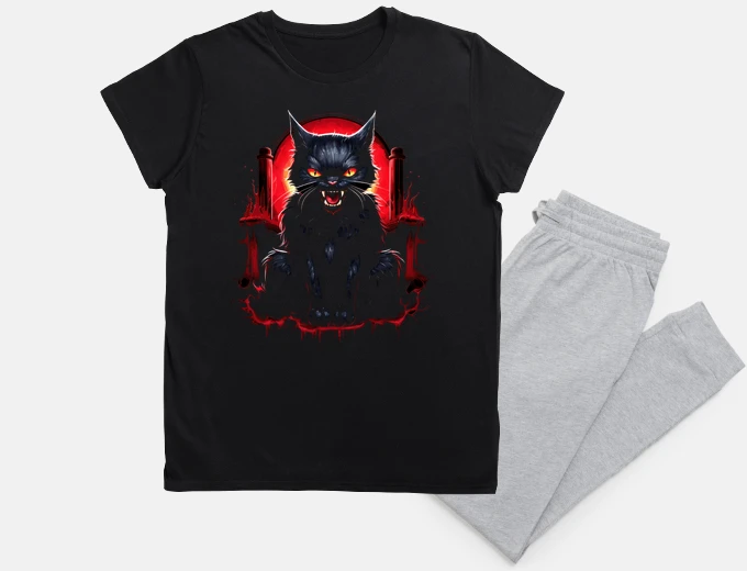 Pyjama angry black cat on his throne night sleep