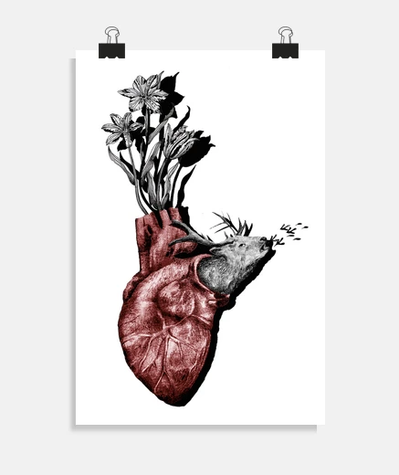 Poster animal heart deer and flowers