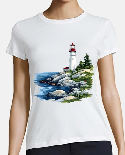 Tee-shirt aquarelle marine phare bord de  col en V