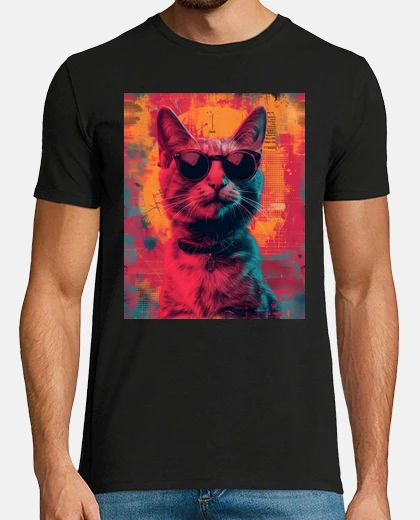 T-shirt arte gatto vintage con occhiali da sole
