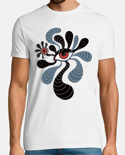 T-shirt astratto surreale doppio occhio rosso