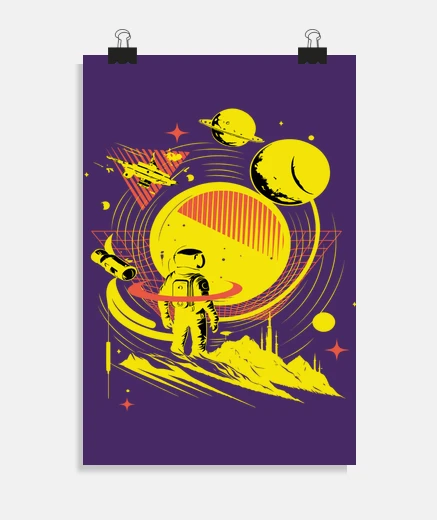 Póster astronauta frente al cartel de ficción de la estación estelar