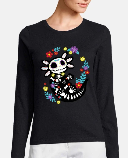 T-shirt axolotl sugar skull mexican bone flower