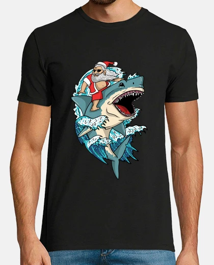 T-shirt babbo natale che cavalca uno squalo