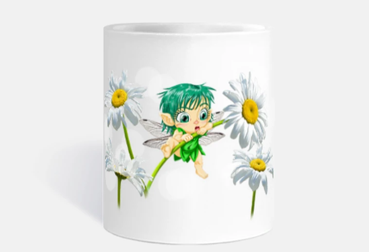 Cup baby fairy between flowers bokeh