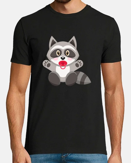 T-shirt baby raccoon with his pacifier, teddy bear, polo shirt