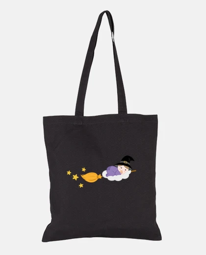 Bag baby witch with broom, tote bag