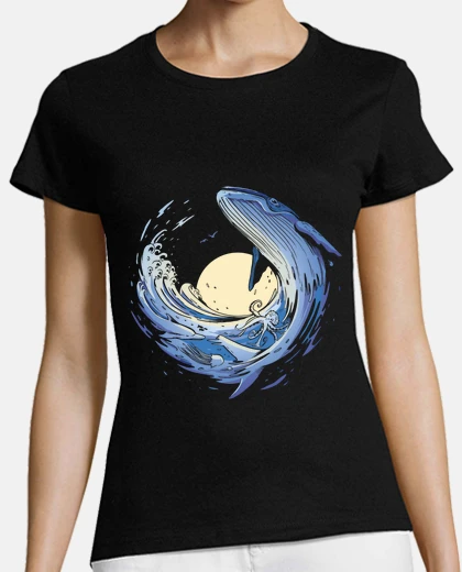 T-shirt balena, polpo, medusa, chiaro di luna, grande onda