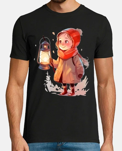 T-shirt bambina nella neve con uccelli della foresta di legno lanterna