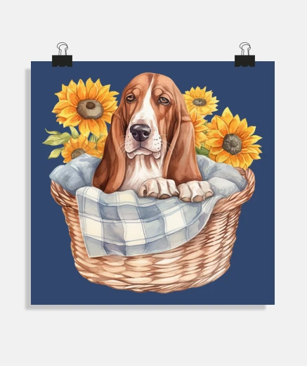 Poster basset hound dog in a wicker basket sun poster baby child bedroom living room poster