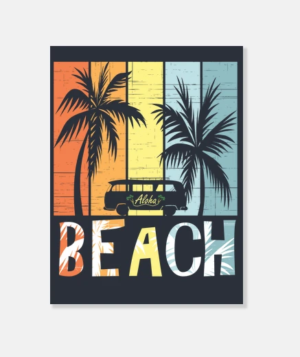 Wall beach vintage surf van palm trees hawai