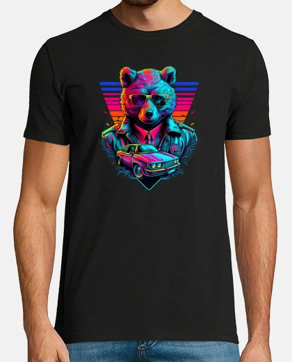 T-shirt bear glasses car synthwave colors