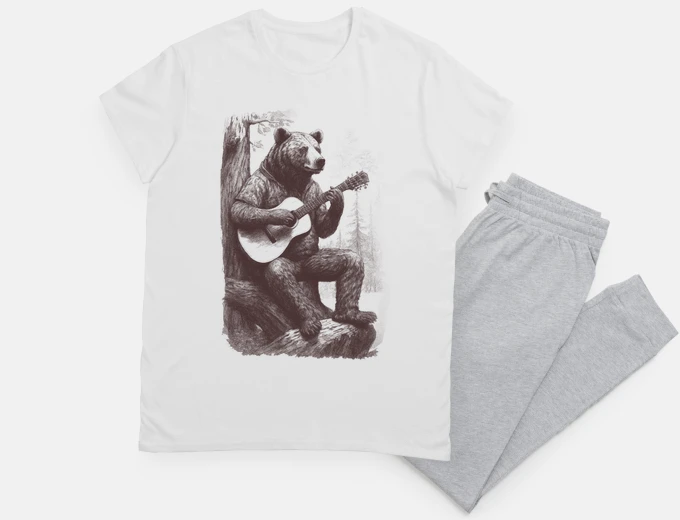 Pyjama bear playing acoustic guitar night sleep