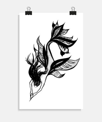 Poster Beautiful mermaid ink drawing