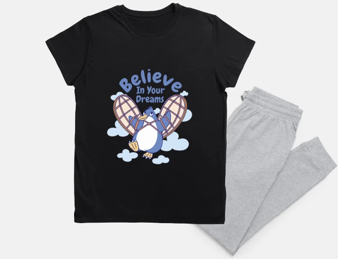 Pyjama believe in your dreams, flying penguin, babydoll, night pajamas,