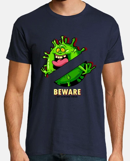 Camiseta BEWARE Corona virus. Hombre, manga corta, azul marino, calidad extra