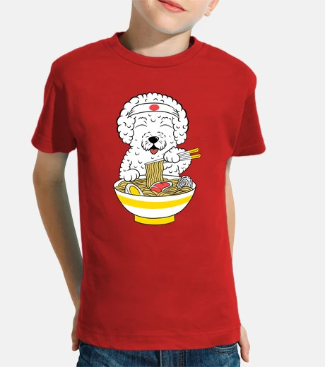 Kids Bichon Frize dog eating ramen