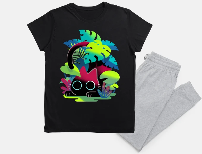 Pyjama black cat behind leaves - hunter lurking among plants