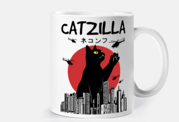 Cup black cat catzilla who catches helicopters customizable cup coffee tea city destruction