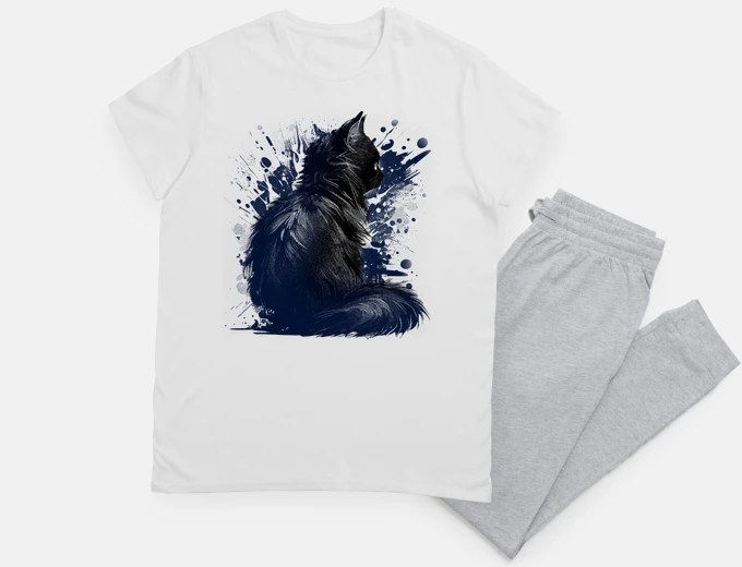 Pyjama black cat from behind night sleep
