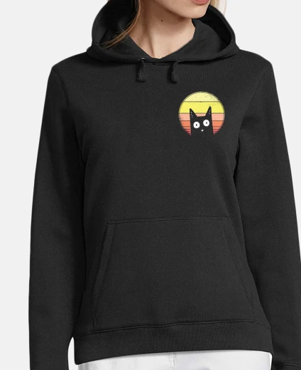 Hoodie black cat vintage retro clair de lune logo pocket brand fashion