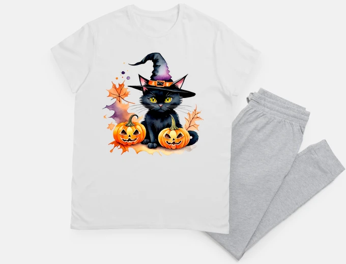 Pyjama black cat with pumpkin Halloween