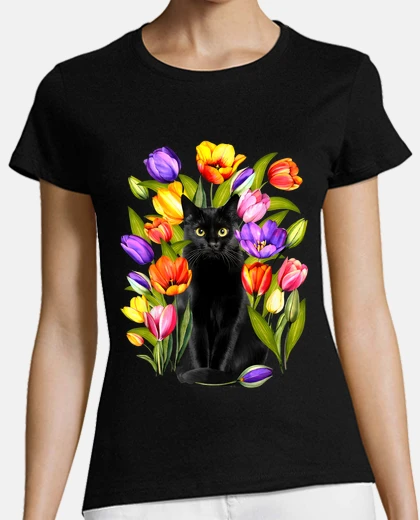 Playera black cat with tulip flowers happy east