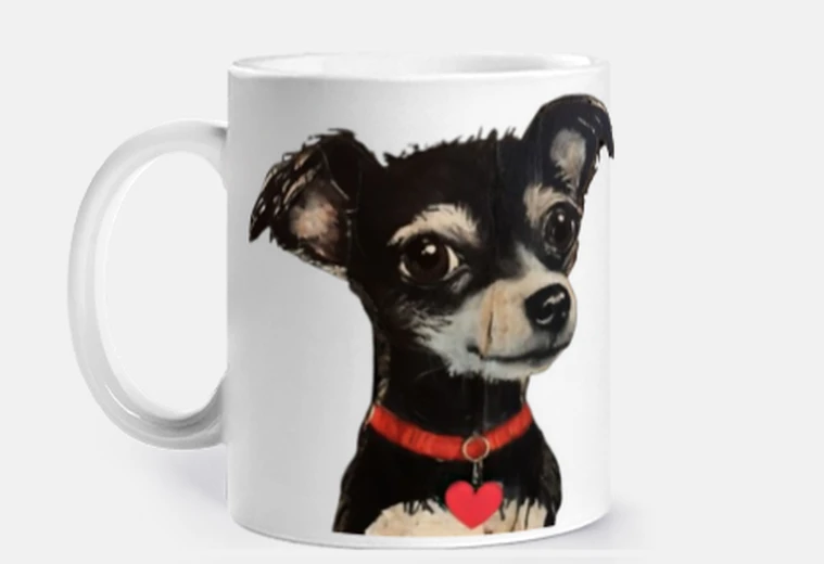 Cup black chihuahua red collar heart customizable mug coffee tea mate croissants