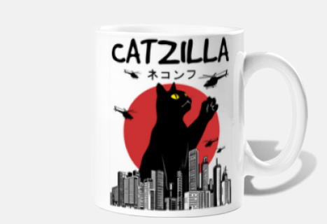 black cat catzilla who catches helicopters customizable cup coffee tea city destruction
