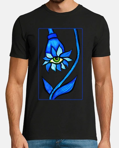 T-shirt blu, fissando, creepy, fiore, occhio