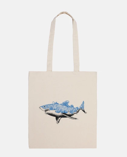 Bag blue shark with waves on the back student bag diary books tote art artist