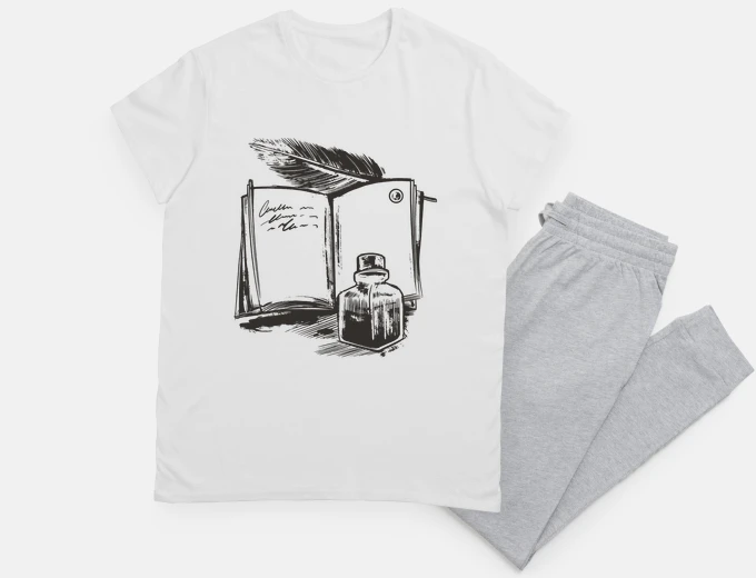Pyjama book and inkwell, ink, for writer, french teacher,