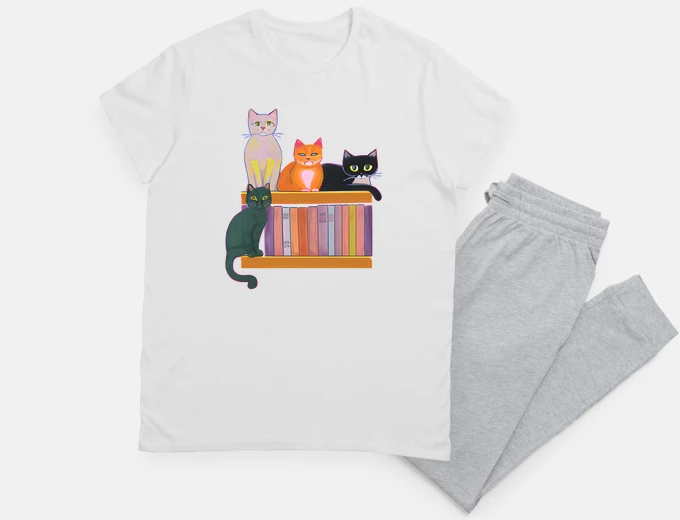 Pyjama Bookish Cat Aesthetic - Cat On A Bookshelf