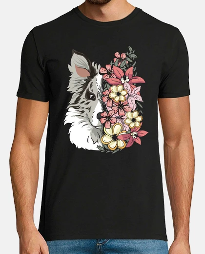 Tee-shirt border collie bleu merle avec des fleur